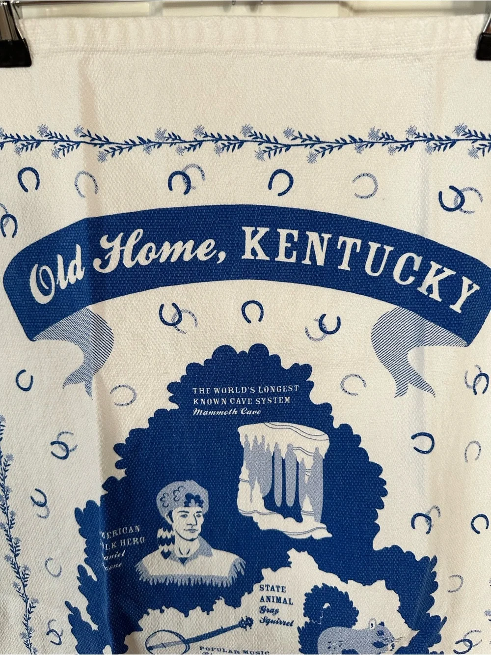 Old Home Kentucky dish towel blue white Daniel Boone horseshoe souvenir novelty